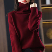 Christmas Red Long Sleeve Loose High Neck Ribbing Cashmere Sweater